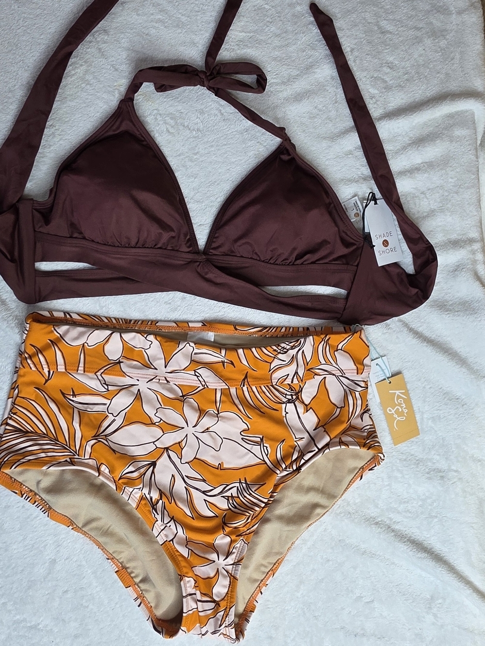 Brown Halter Bikini Top & Orange Floral High-Waist Bottoms